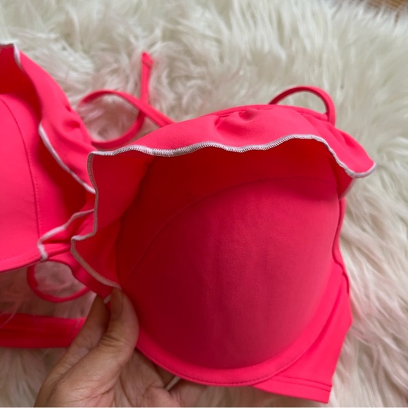 Aerie ruffle bikini set size 36D bra and L bottom tie hot pink with white trim - Picture 11 of 13
